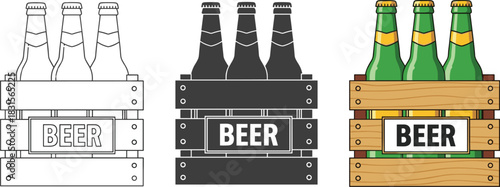Three beer bottles in a wooden crate, shown in three different styles outline, silhouette, and full color isolated on white background
