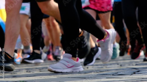 People, legs and running on road in exercise at the marathon