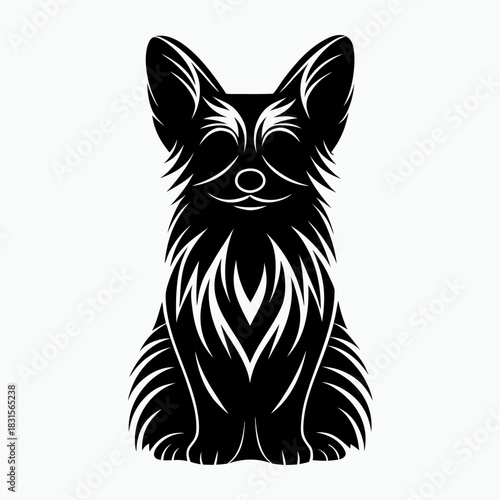 Black silhouette of a sitting corgi dog with fluffy fur  
