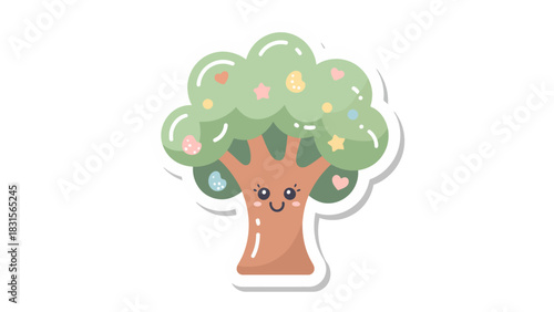 Cute Cartoon Tree: A charming cartoon tree with a smiling face, lush green foliage adorned with whimsical shapes, radiates a sense of joy and playfulness, perfectly encapsulating the magic of nature.