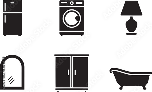 Appliance icons set refrigerator washer lamp mirror wardrobe bathtub household items collection