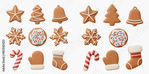 A collection of festive gingerbread cookies in various Christmas shapes, decorated with white icing and colorful sprinkles, on a transparent background.