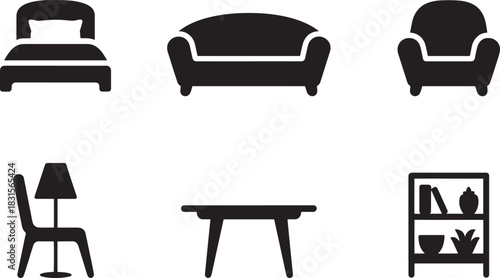 Furniture icons set bedroom sofa armchair chair table shelf home interior elements silhouette