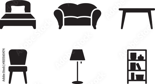 Furniture icons set bedroom sofa table chair lamp shelf living room interior symbol collection