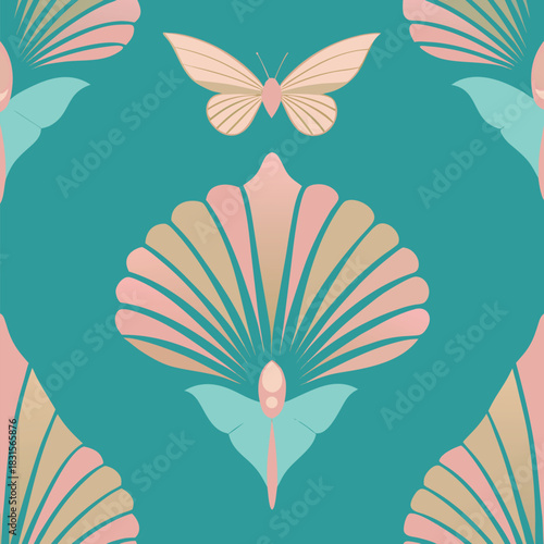 Seamless art deco pattern with stylized shells and butterflies.