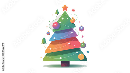 Festive Christmas Tree Decoration: A vibrant and modern Christmas tree adorned with colorful ornaments and a shining star, perfect for holiday greetings.