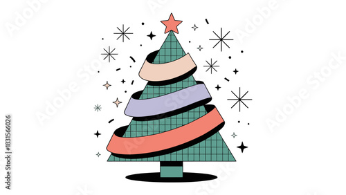 Festive Abstract Christmas Tree: A vibrant and modern representation of a Christmas tree adorned with colorful ribbons and star against a backdrop.