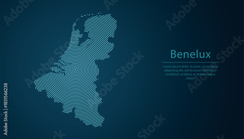 Benelux region map formed with glowing concentric digital lines