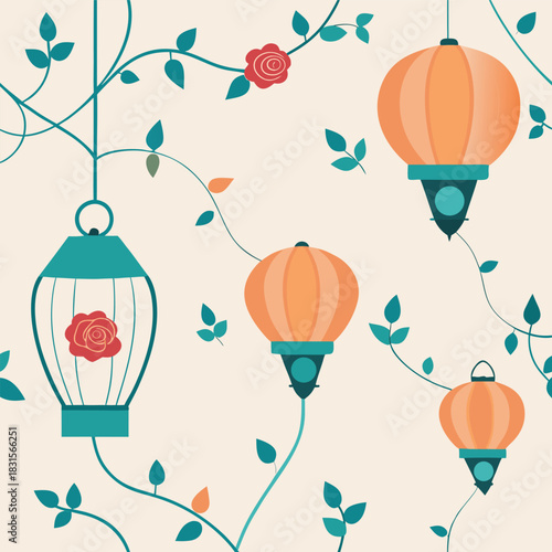 Charming decorative pattern with asian lanterns, birdcage, roses.
