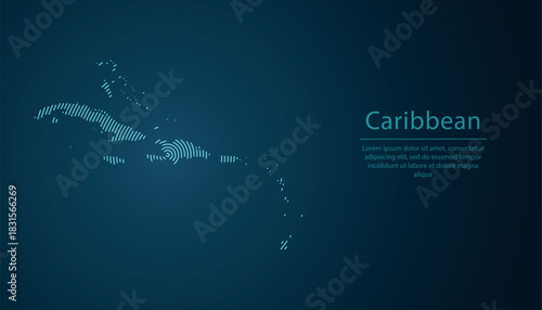 Digital concentric circle map of Caribbean islands in glowing blue lines