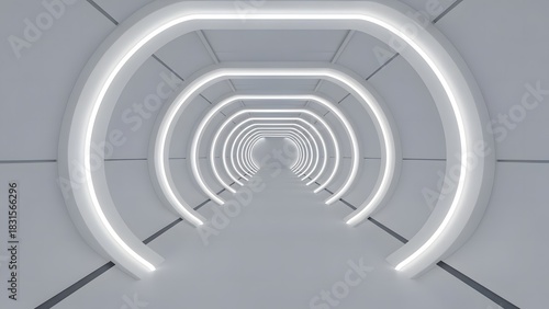 Fototapeta Naklejka Na Ścianę i Meble -  Abstract 3D render of a futuristic, clean white oval tunnel or corridor with symmetrical neon lights and infinity perspective for science fiction concept