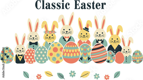 Charming easter bunnies and decorative eggs in a retro style with floral accents on a black background