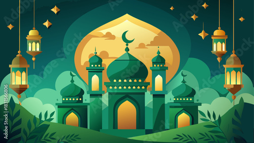 Green mosque with moon and lanterns illustration