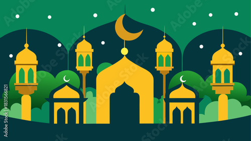 Illustration of mosque with moon and lanterns view