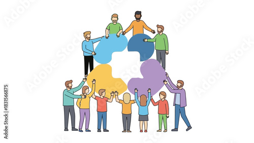 Diverse people holding puzzle pieces. Teamwork and unity concept. Vector illustration of people on white background. Puzzle pieces in different colors. Group of people collaborating. Team