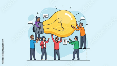 Group of people holding a large light bulb. Teamwork and collaboration concept. Vector illustration of diverse people. Light bulb idea symbol. People working together. Business and