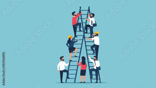 Teamwork and collaboration concept. People climbing ladders. Business team working together. Vector illustration on blue background. Team building and partnership. Group of people helping