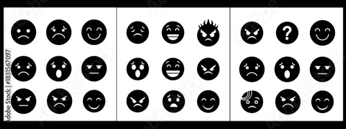Collection of cartoon faces expressing different emotions in black and white