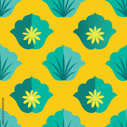 Seamless abstract floral pattern with teal leaves and yellow flowers