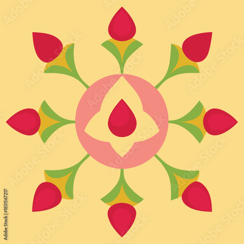 Stylized floral symmetrical ornament in flat design vector art on yellow
