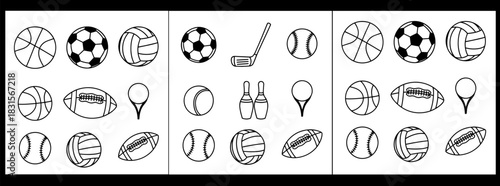 Variety of sports ball icons in a black and white outline style