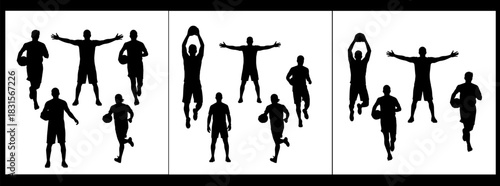 Silhouette of basketball players in various poses on white background