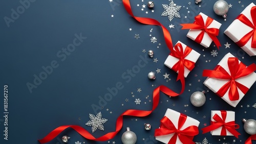 Christmas Gifts with Red Ribbons and Ornaments on Blue Background