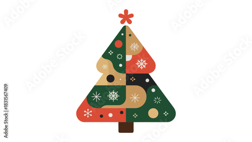 Festive Ornamented Fir Tree: A vibrantly decorated fir tree, adorned with geometric patterns and a star, stands as a symbol of holiday cheer and festive spirit.