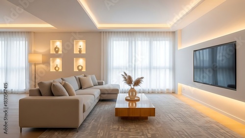 Luxurious living room design featuring indirect LED strip lighting, a comfortable beige sofa, and minimalist decor for a modern home interior