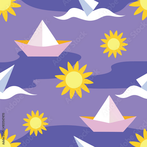 Seamless pattern with colorful paper boats, sun flowers, and clouds
