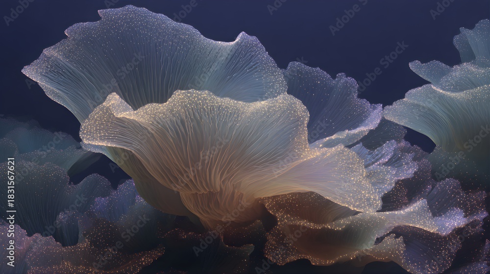 Fototapeta premium Abstract fantasy glowing mushroom gills background with golden particles and bioluminescent texture