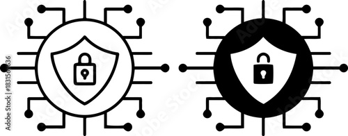 digital security shield padlock icon, circuit technology data protection illustration