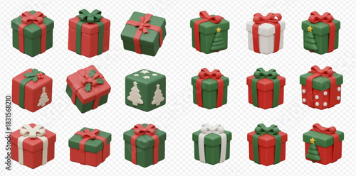 A collection of 3D rendered festive Christmas gift boxes in red and green with various ribbon designs and patterns.