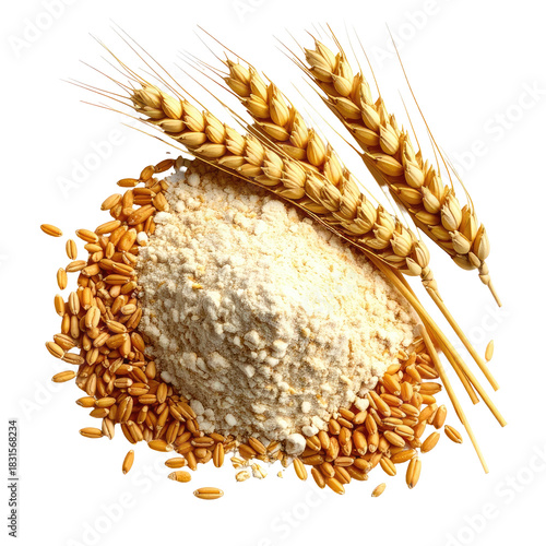 Golden wheat grains, flour, and stems isolated on a black background