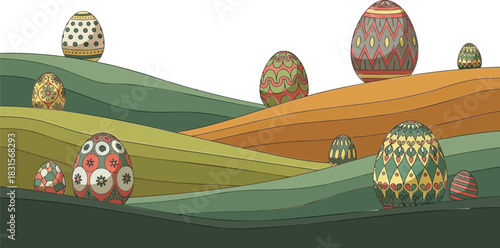 Whimsical easter eggs adorn rolling hills in a stylized landscape with a dark background
