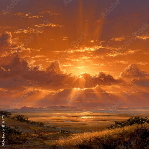 Epic sunrise over golden coast and glowing clouds with warm rays fading across peaceful horizon glow