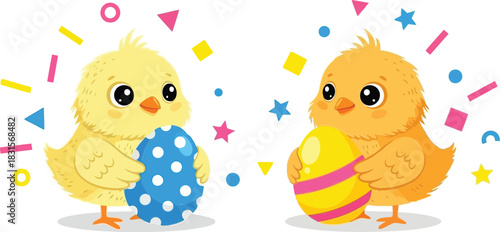 Two adorable cartoon chicks holding decorated easter eggs surrounded by colorful confetti and stars on a black background