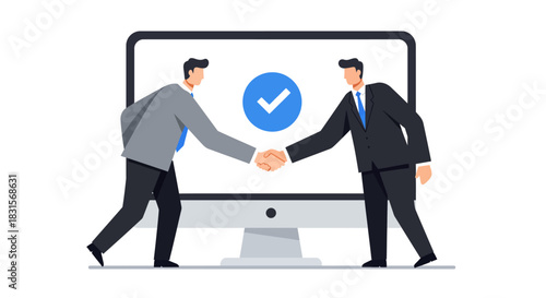 Businessmen Shaking Hands in Front of Computer Screen.