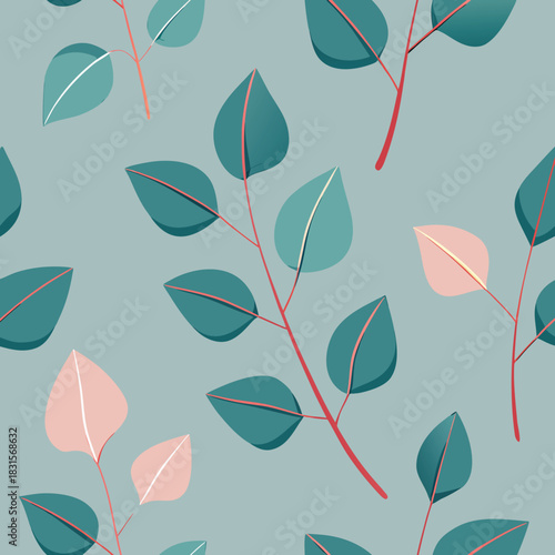 Abstract eucalyptus leaves seamless pattern with teal and pink