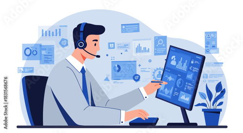 Customer Service Representative Analyzing Data on Computer Screen.