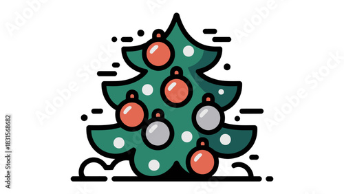 Festive Season: A vibrant illustration of a decorated evergreen tree adorned with colorful ornaments, set against the backdrop of a magical winter scene.