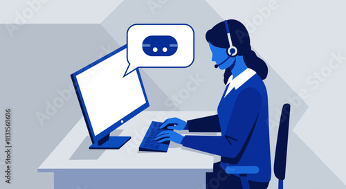 Customer Service Representative Working with Computer and Headset.