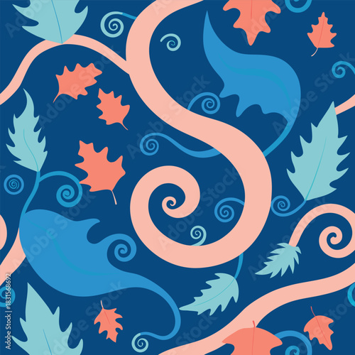 Abstract autumnal foliage and swirling vines seamless decorative