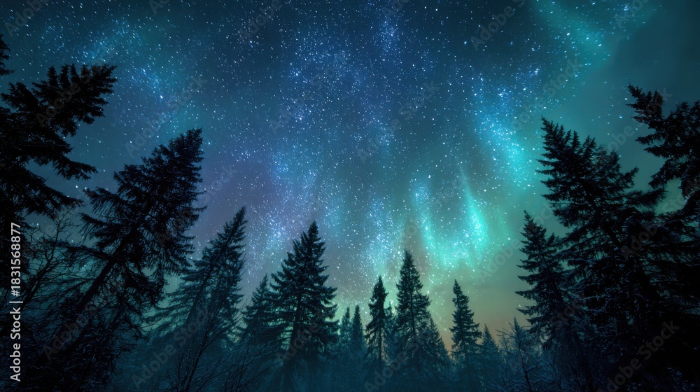 Naklejka premium Majestic northern lights glowing above tall pine trees in a dark winter forest with vibrant teal sky ideal for travel imagery, nature wallpapers, night landscapes and atmospheric visuals 