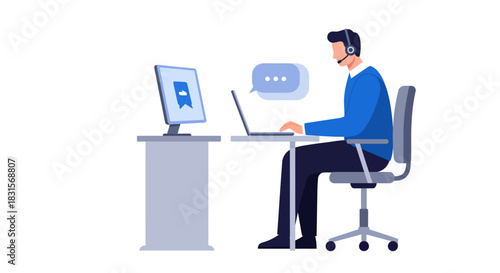 Customer Service Representative Working with Headset and Laptop.