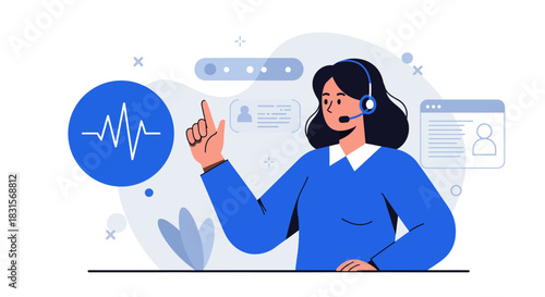 Customer Service Representative with Headset Pointing Upwards.