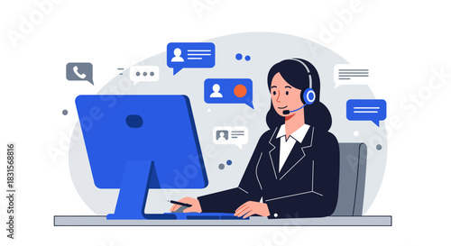 Customer Service Representative Working with Computer and Headset.