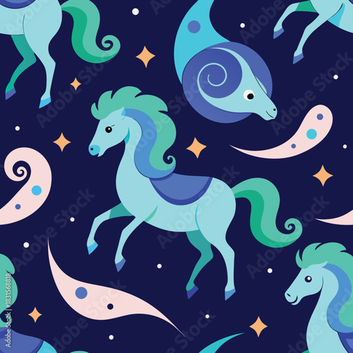 Seamless pattern with stylized blue horses and celestial design