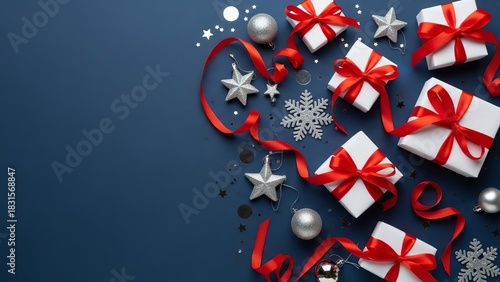Christmas Gifts with Red Ribbons and Ornaments on Blue Background