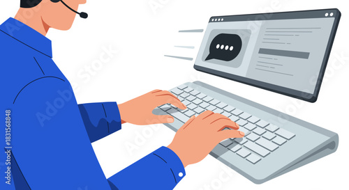 Customer Service Representative Typing on Keyboard with Chat Window.